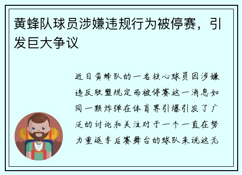 黄蜂队球员涉嫌违规行为被停赛，引发巨大争议