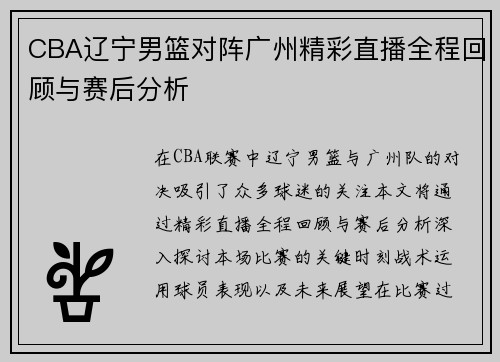 CBA辽宁男篮对阵广州精彩直播全程回顾与赛后分析